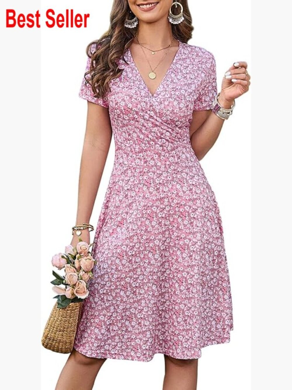 Summer Wrap V Neck Casual Dress Floral Short Sleeve A-Line Midi Sundress